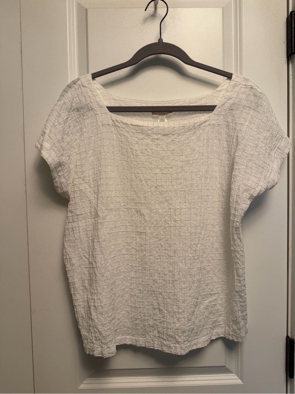 Eileen Fisher Textured Cotton Top M White Square Neck Short Sleeve